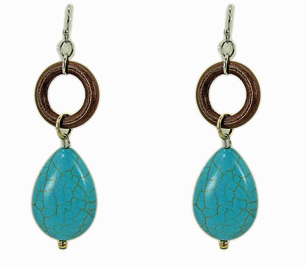 earrings with brown rings and turquoise pendants