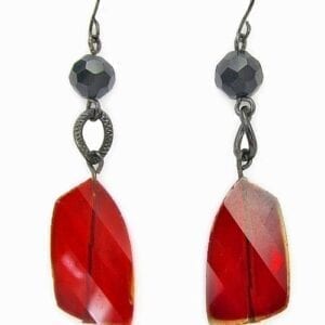 earrings with black beads and flat red stone pendants