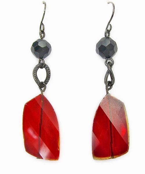 earrings with black beads and flat red stone pendants