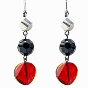 earrings with black, silver, and red gems