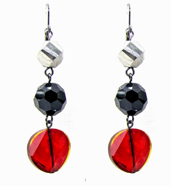 earrings with black, silver, and red gems