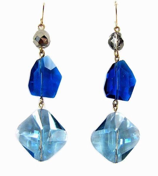 earrings with blue crystal pendant and dark blue stone accents