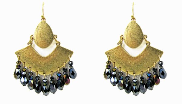 earrings with gold ornaments and hanging black gems