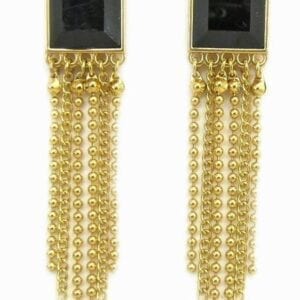 earrings with black gem and hanging gold chains