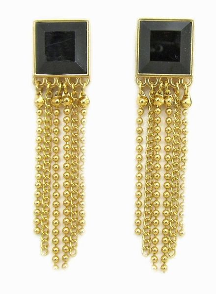 earrings with black gem and hanging gold chains