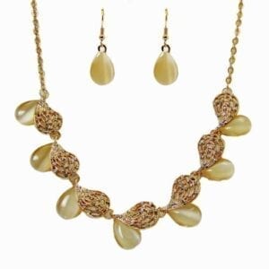 necklace and earrings with light brown teardrop gemstones