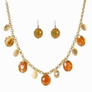necklace and earrings with rows of orange gemstones