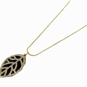 silver necklace pendant with leaf design and black stone inset