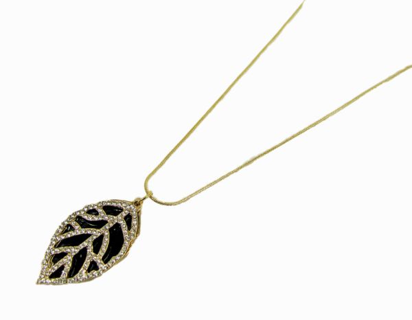 silver necklace pendant with leaf design and black stone inset