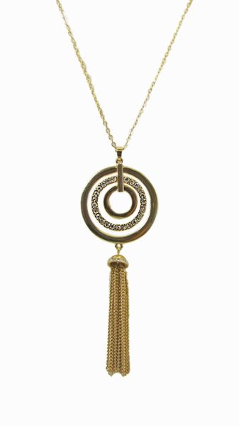 necklace with concentric pendants and brown tassel