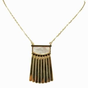 necklace with rectangular pendant and hanging gold bars