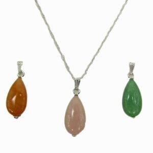 necklace with orange, pink, and green pendants