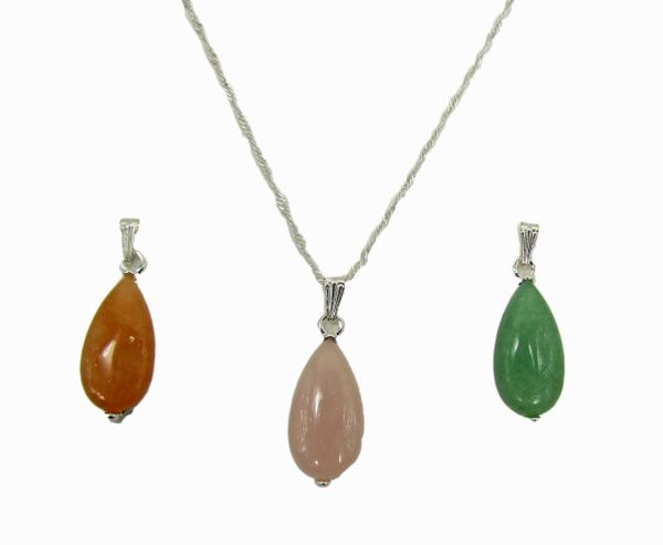 necklace with orange, pink, and green pendants