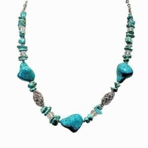 necklace with rows of blue gemstones and silver beads
