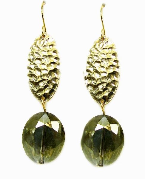 earrings with gold beads and olive-green crystals