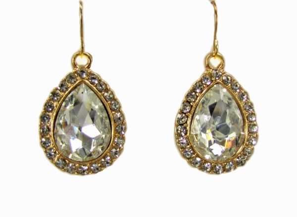 golden teardrop earrings with white gem inset