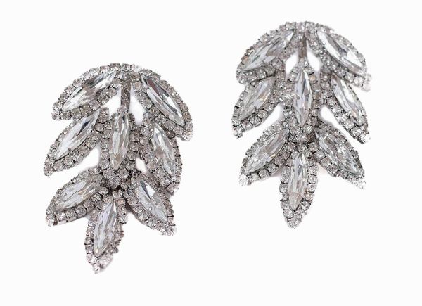 white crystal earrings with drooping leaf design