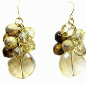 earrings with clusters of gold beads and yellow crystal