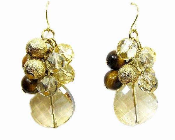 earrings with clusters of gold beads and yellow crystal
