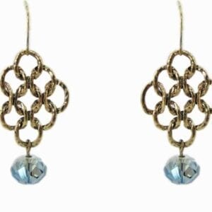 earrings with rings in a diamond formation and blue gemstone