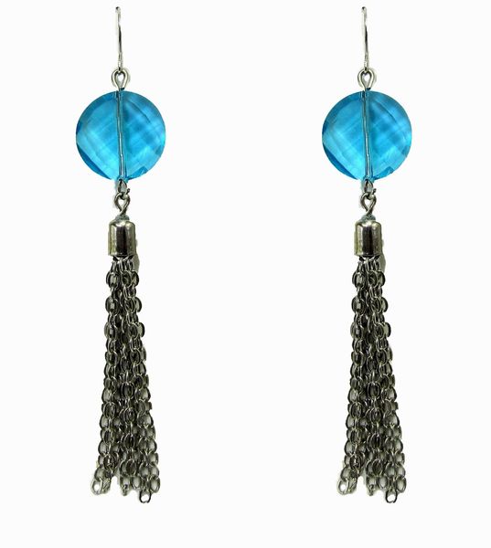 earrings with blue crystals and black tassels