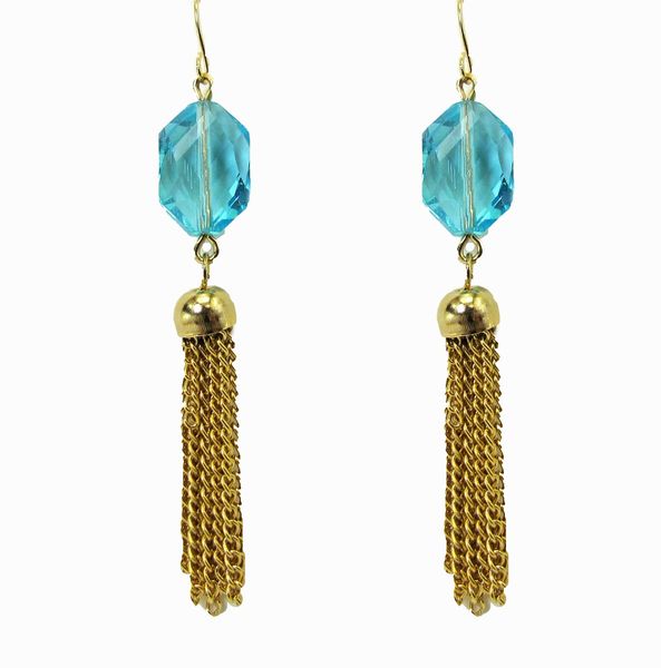 earrings with blue crystals and tassels