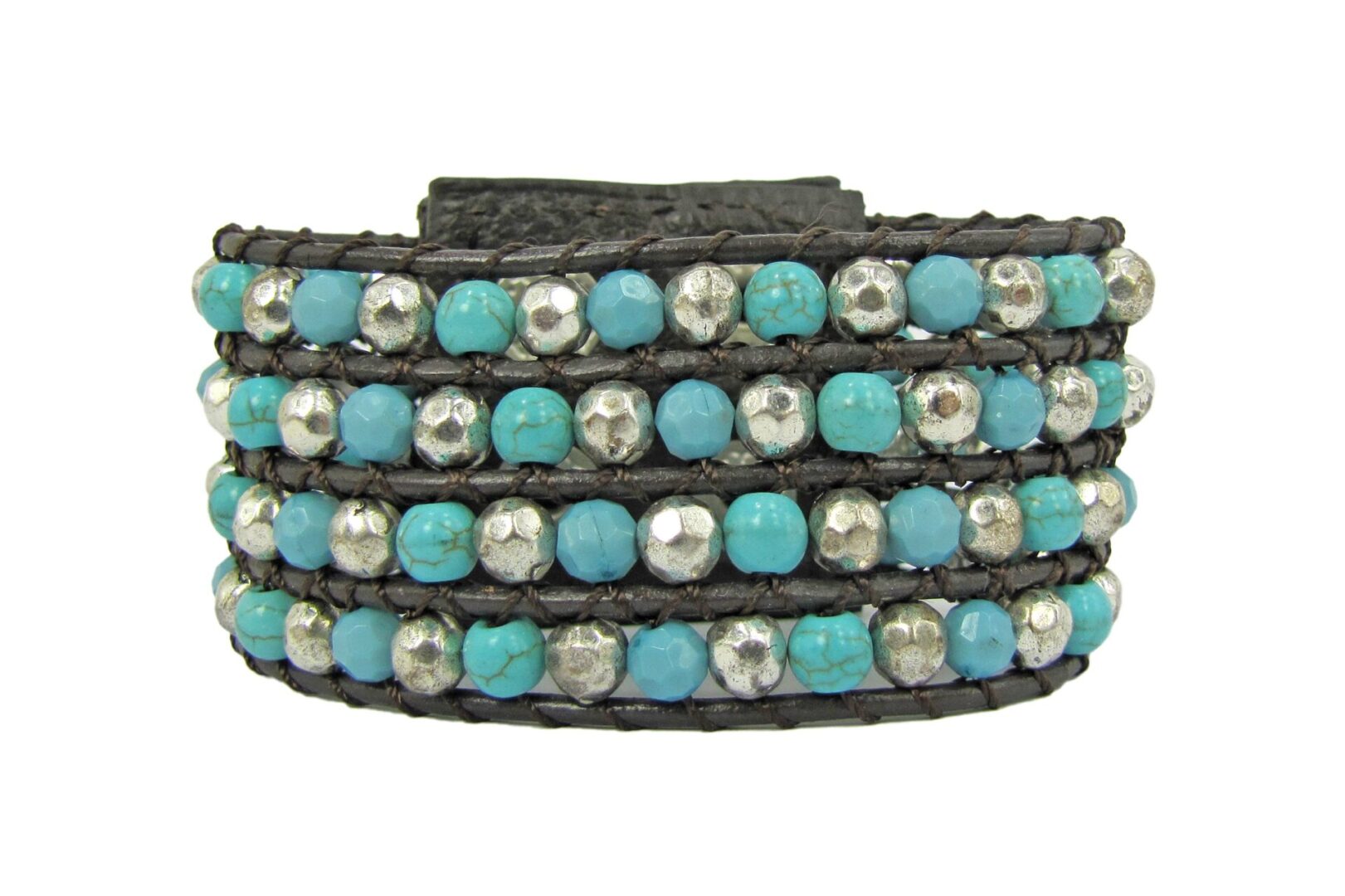 black bracelet with silver and sky blue beads