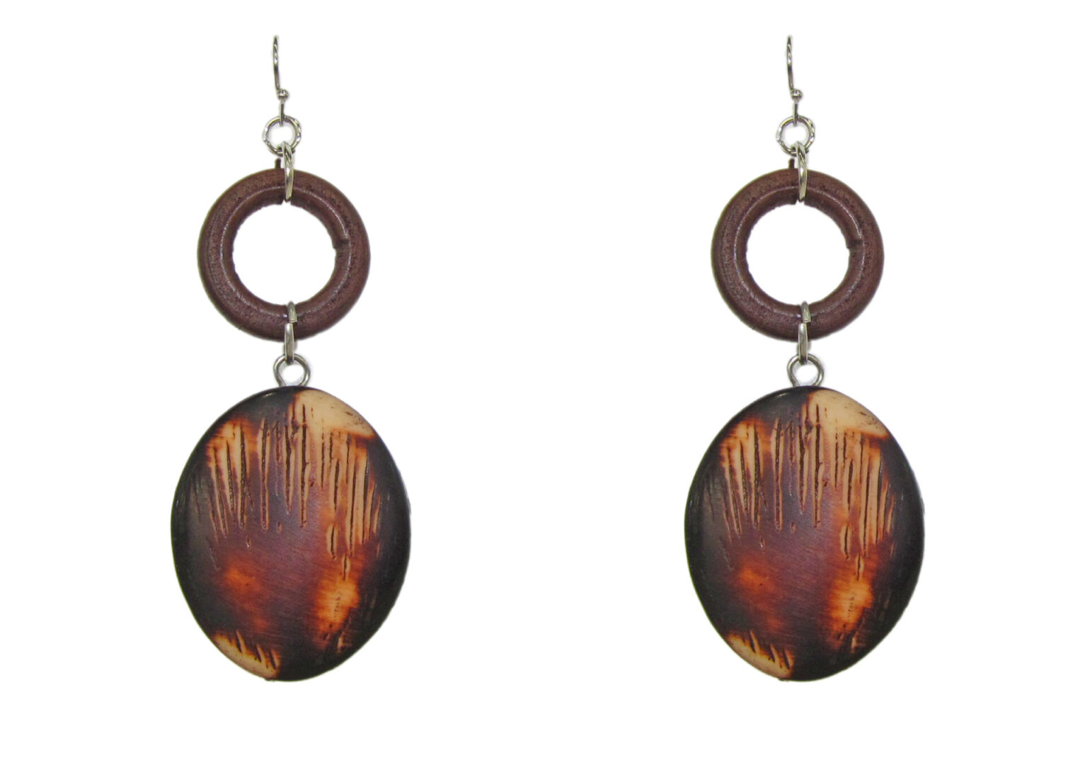 earrings with brown circle ring and oval pendant
