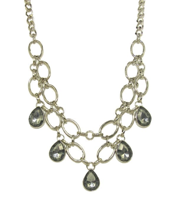 necklace with silver chain links and smoky gray gems