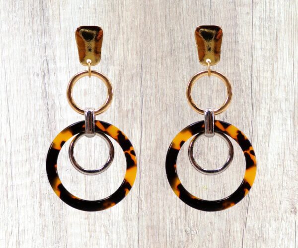LONG TORTOISE, SILVER, AND GOLD THREE RING EARRINGS - Image 5
