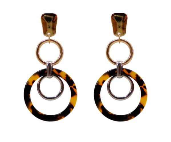 LONG TORTOISE, SILVER, AND GOLD THREE RING EARRINGS