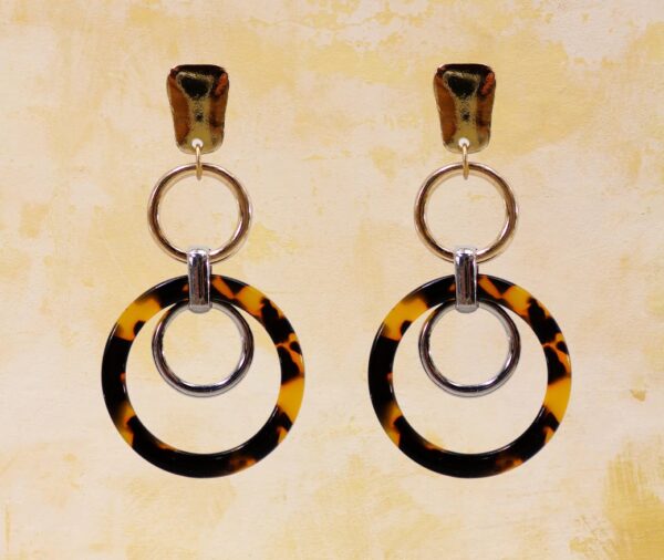 LONG TORTOISE, SILVER, AND GOLD THREE RING EARRINGS - Image 6