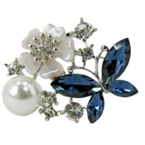 brooch with jeweled blue flower and butterfly