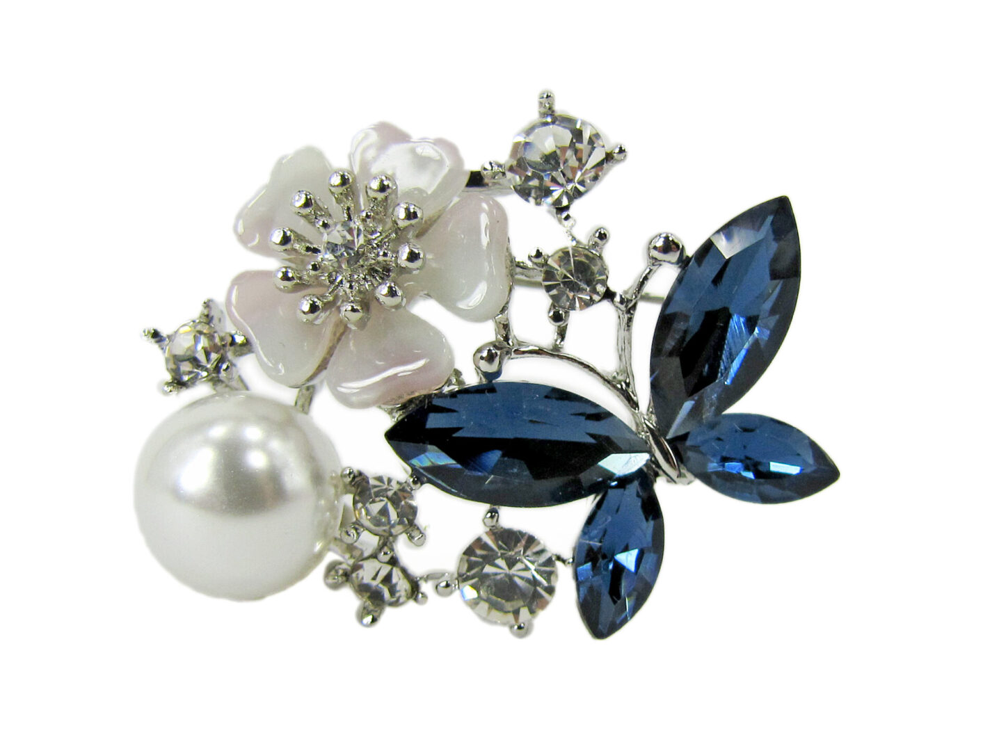brooch with jeweled blue flower and butterfly