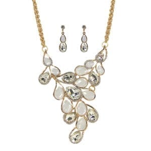 necklace and earrings with pearl and diamond crystals arranged like vines
