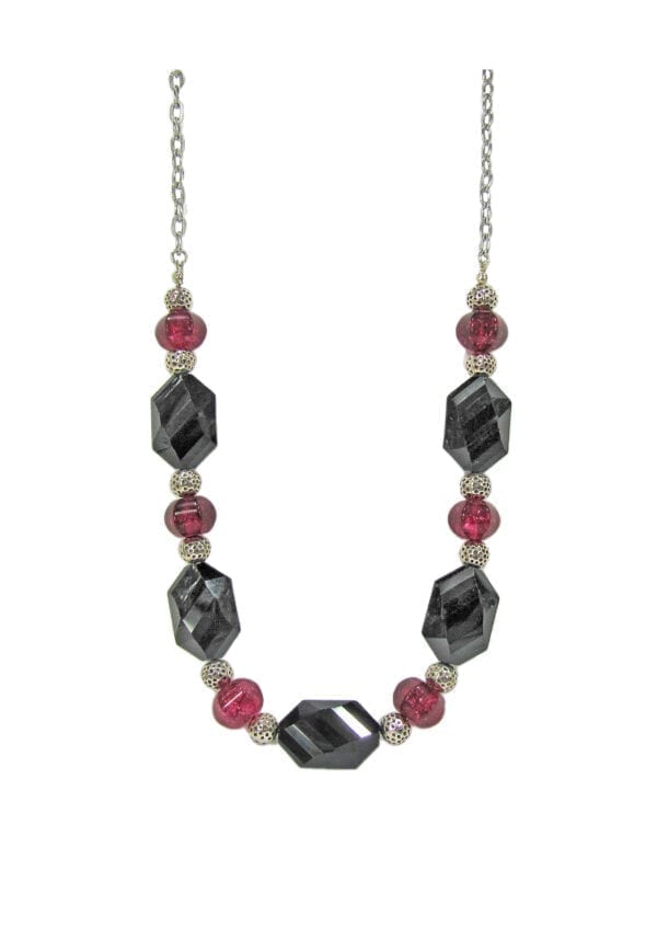 necklace with hexagonal black crystals and ruby beads