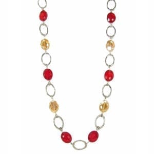 necklace with red and yellow crystals and silver chain hoops