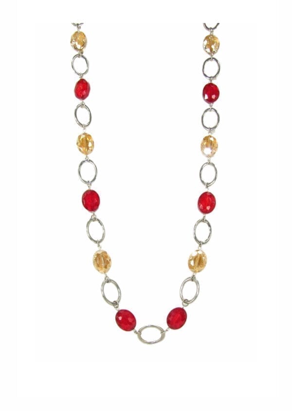 necklace with red and yellow crystals and silver chain hoops
