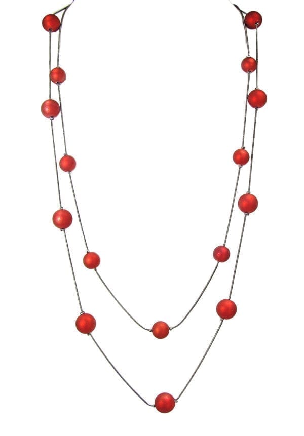 chord necklace with spherical scarlet beads