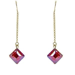 earrings with long chains and red square gems