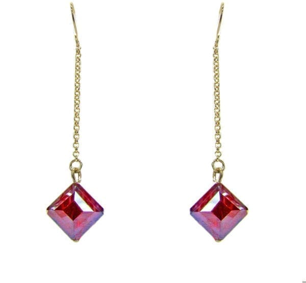 earrings with long chains and red square gems