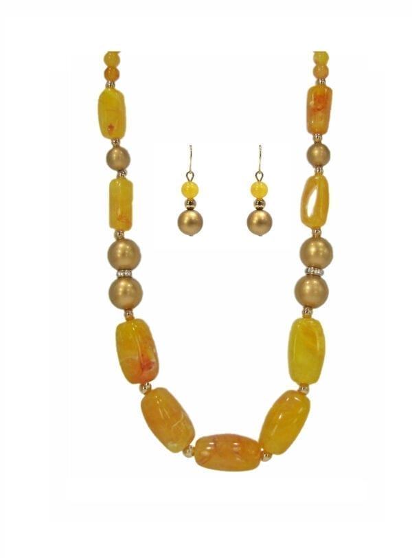necklaces and earrings with dark yellow beads and stones