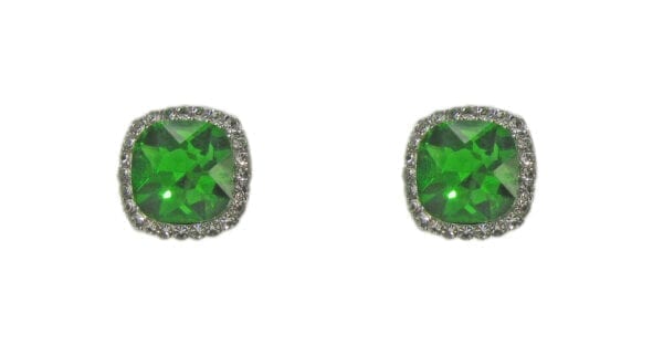front view of stud earrings with square cut green gems