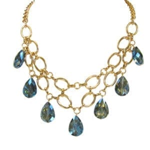 golden chain necklace with blue teardrop crystals