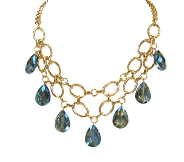 golden chain necklace with blue teardrop crystals