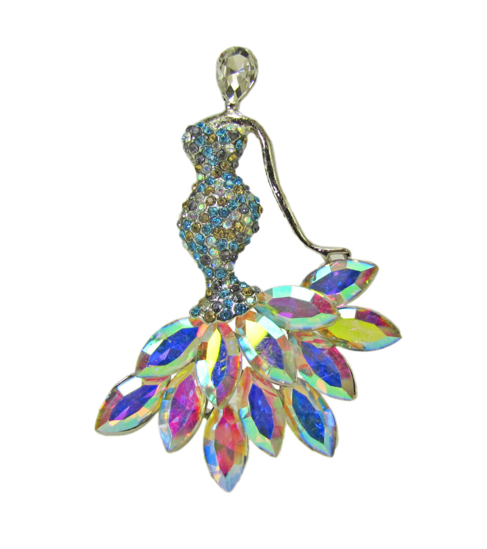 rainbow brooch with woman in a dress design