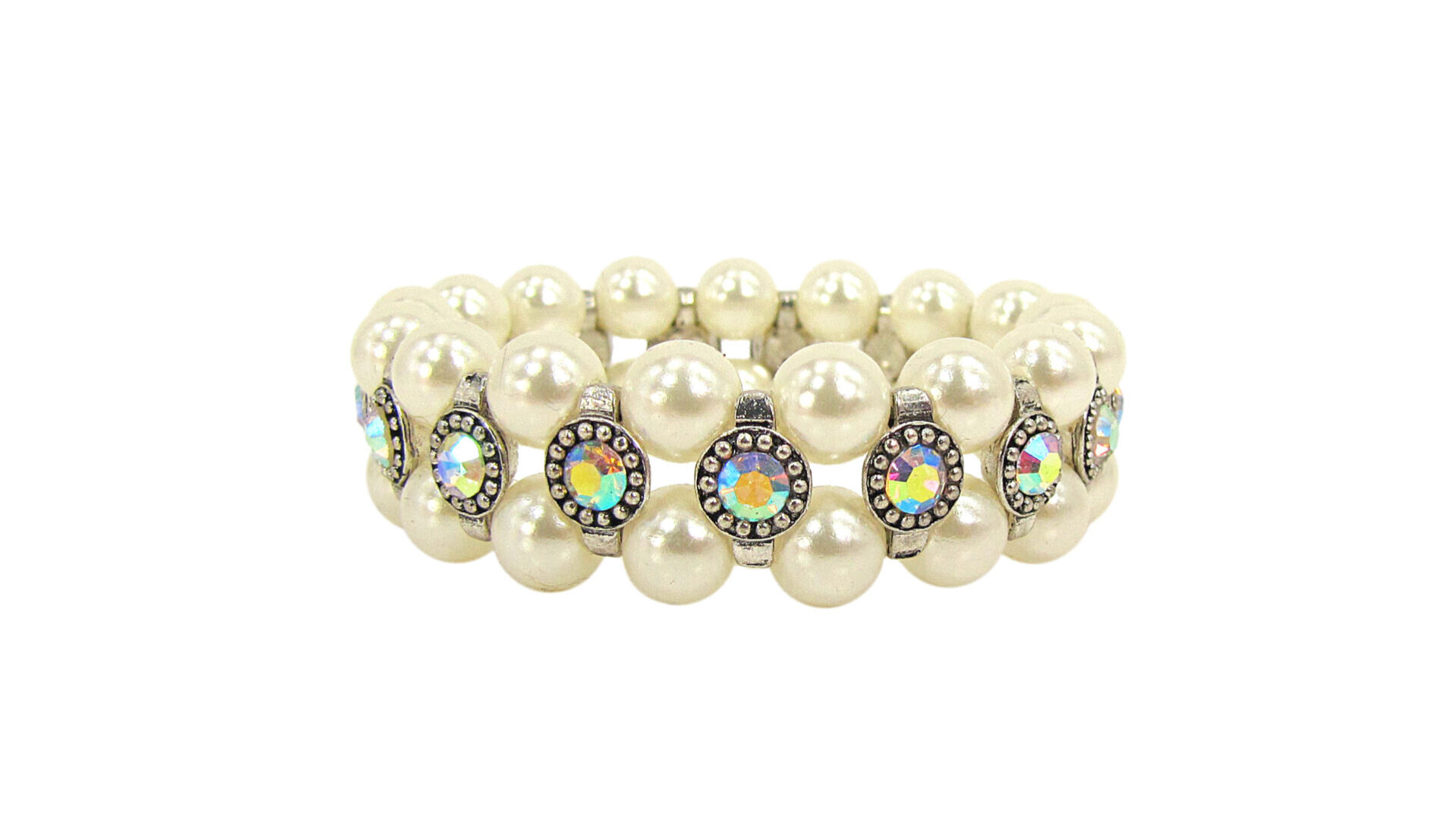 pearl bracelet with rainbow-colored gemstones