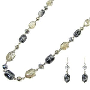 necklace and earrings with dark and transparent crystals