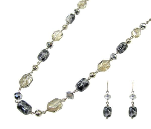 necklace and earrings with dark and transparent crystals