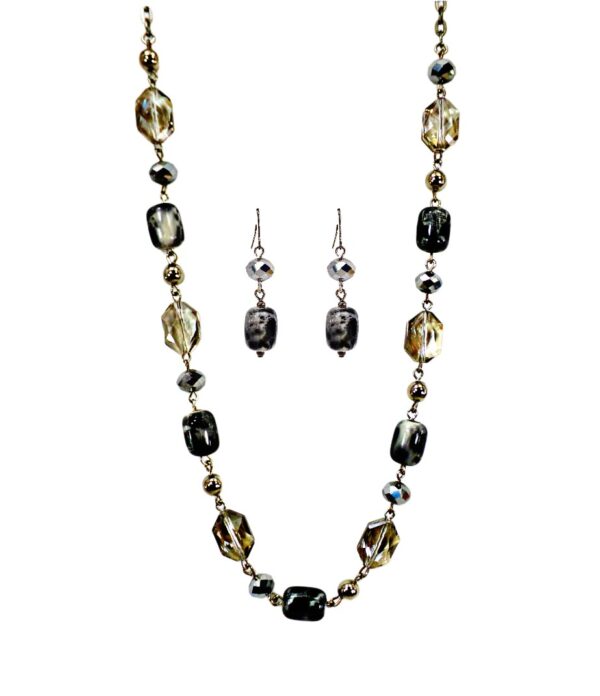GRAY, SILVER AND BLACK BEAD NECKLACE AND EARRING SET
